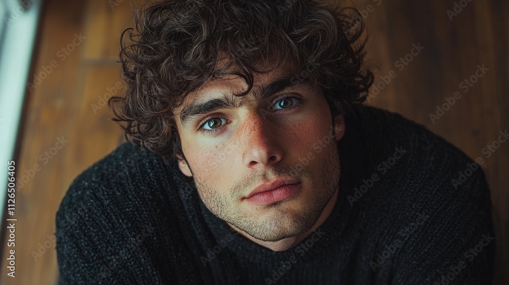 Poster curly-haired man sitting on a wooden floor looks up with a pensive expression. the warmth of the roo