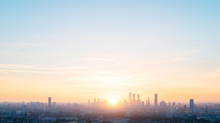Fototapeta premium City Skyline Sunrise: A vibrant cityscape silhouetted against a breathtaking sunrise, symbolizing the dawn of a new day and endless possibilities. 