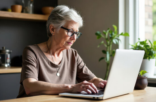 Mature old woman wearing glasses working on laptop online, sitting at desk on kitchen