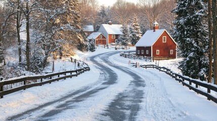 Naklejka premium Serene Winter Landscape with Snowy Road and Cozy Red Barns in Tranquil Scenery