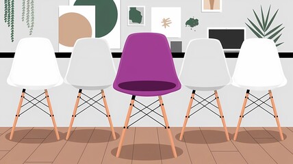 Stylish Office Setup with a Vibrant Purple Chair Among White Chairs