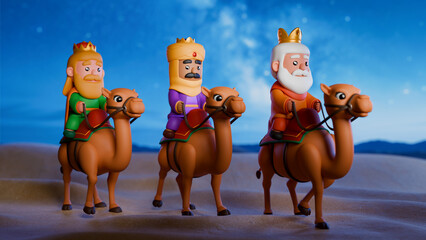 Cute Three Kings riding camels, 3D rendered in a Night Desert setting	