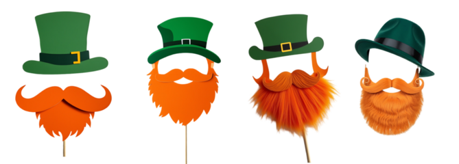 Collection of Green Hats and Orange Beards for Festive Celebrations isolated on a white background