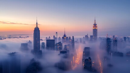 Obraz premium Misty Metropolis A Captivating Cityscape Enveloped in Atmospheric Fog