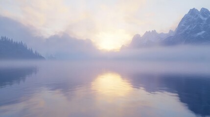 Fototapeta premium Misty Mountain Lake Sunrise Reflecting in Tranquil Waters