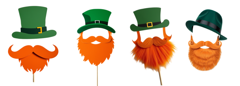 Collection of Green Hats and Orange Beards for Festive Celebrations isolated on a white background