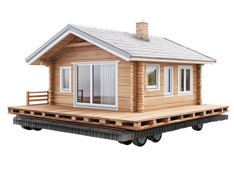 a wooden house on a flat platform
