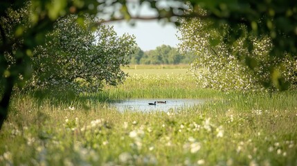 Fototapeta premium Peaceful Scenic Landscape with Ducks Swimming in a Tranquil Pond Surrounded by Nature