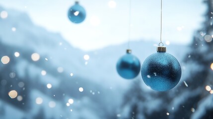 Beautiful cyan colour Christmas balls banner with copy space for holiday greetings and festive decoration