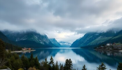 The Nordic fjord with crystal waters and cliffs, evergreen forests, and wooden villages.