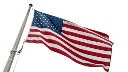 A slightly different perspective of the U.S. flag, highlighting its stars and stripes in vivid detail, set against a transparent background