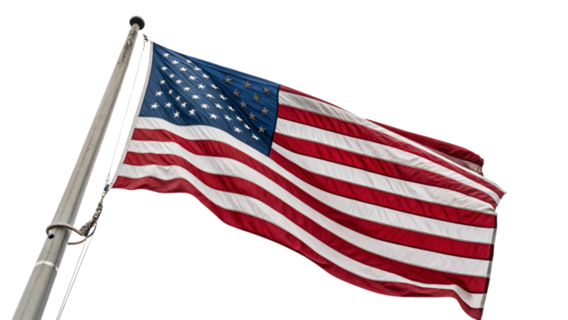 A slightly different perspective of the U.S. flag, highlighting its stars and stripes in vivid detail, set against a transparent background