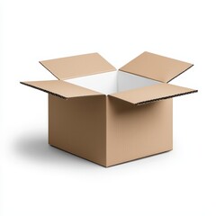 Open cardboard box with flaps raised, isolated on a white background for packaging use