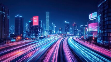 Obraz premium Futuristic cyberpunk cityscape with blue and pink light trails, portraying a sci-fi downtown scene at night with skyscrapers, highways, and billboards