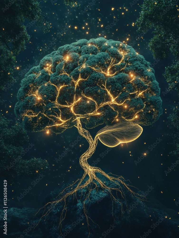 Poster a brain transforms into a glowing tree, symbolizing growth, wisdom, and transformation in a dark, ma