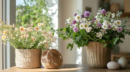 Beautiful Indoor Flower Arrangement in Natural Woven Baskets