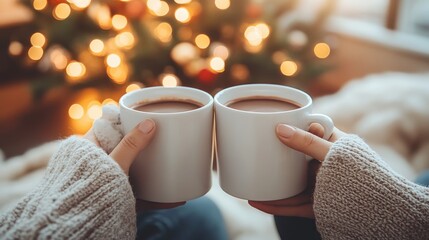 Family having hot chocolate together in front of a decorated New Year s tree focus on, cozy theme, warm, manipulation, living room backdrop