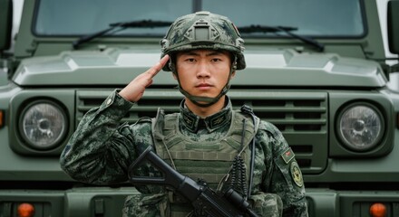 A Chinese soldier in full tactical gear performs a precise salute in front of a military vehicle