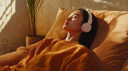 Obraz premium Ethereal relaxation scene, asian features profile view, white headset detail, burnt orange clothing, plush sofa texture, gentle backlight, contemporary interior, mindfulness lifestyle capture
