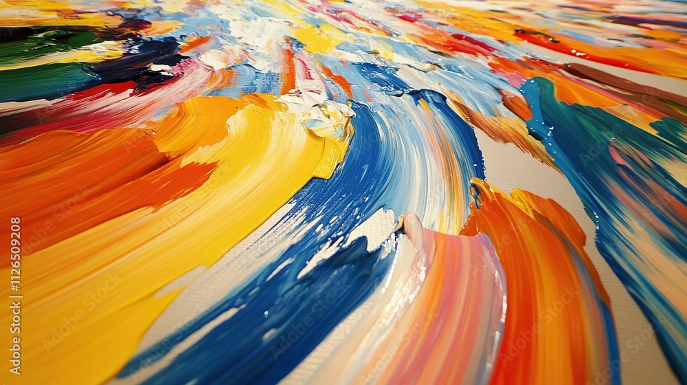 Poster a trail of vibrant paintbrush strokes across a canvas, blending and blending to form an abstract, ye