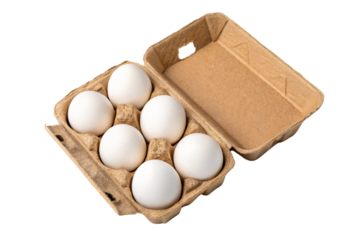 An overhead view of six white eggs nestled securely in a rustic cardboard carton, emphasizing sustainable packaging and organic presentation, set against a transparent background