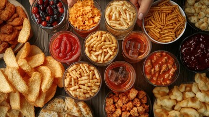 Group of friends clinking shot glasses over a table filled with snacks focus on, party theme, vibrant, fusion, dining table backdrop