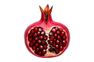 Halved pomegranate showing juicy red seeds and vibrant details, isolated on white transparent background