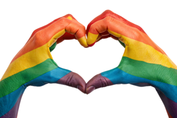 Bold rainbow-painted hands create a heart shape, emphasizing unity, diversity, and pride with vibrant colors, set against a transparent background