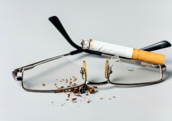 Broken glasses with cigarette and tobacco debris on light background for anti-smoking concept