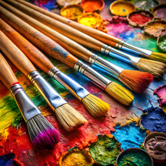 Obraz premium Brightly colored paintbrushes are dipped in vivid hues and laid out