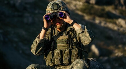 Military surveillance operation with soldier observing through binoculars in tactical gear