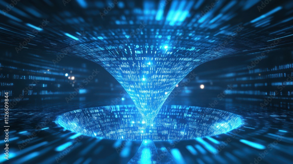 Fototapete big data technology and information funnel concept. large digital funnel with online data as process