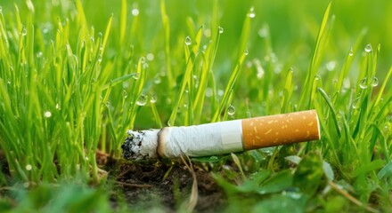Cigarette butt littering nature with fresh green grass and morning dew drops