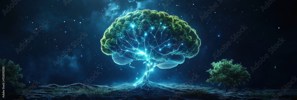 Aufkleber A brain transitions into a tree adorned with luminous branches and roots, embodying growth and knowledge in a serene, dark environment. Generative AI