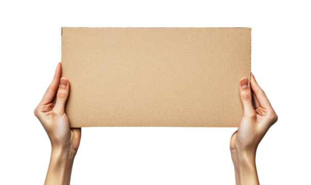 Hand with blank cardboard placard isolated on transparent background