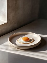 A sunny-side-up egg on a minimalist plate, illuminated by natural light.