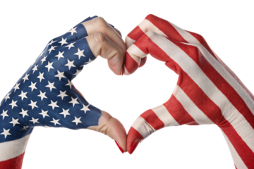 Two hands forming a heart, painted with stars and stripes, representing the American flag, radiating unity and patriotism, set against a transparent background