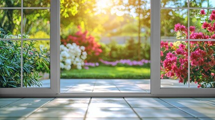 Serene Garden Patio with Sliding Glass Door and Lush Floral Reflection