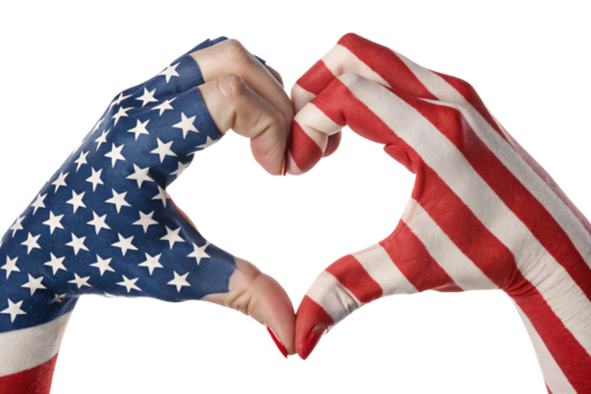 Two hands forming a heart, painted with stars and stripes, representing the American flag, radiating unity and patriotism, set against a transparent background