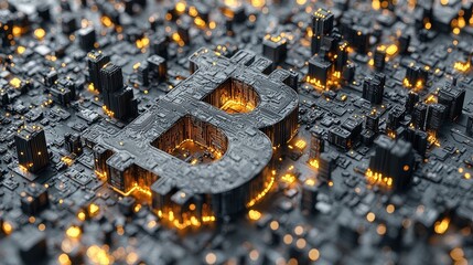Digital Cryptocurrency Concept with Blockchain Cityscape and Bitcoin Symbol in Focus