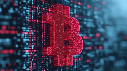 Glowing Bitcoin Symbol in Digital Space with Data Matrix Background