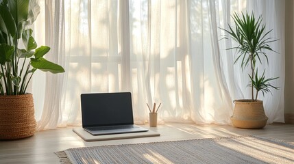 Fototapeta premium Home wellness lifestyle, peaceful meditation posture, dual-tone yoga mat, modern laptop setup, woven basket planter, sheer curtain light, mindful morning atmosphere
