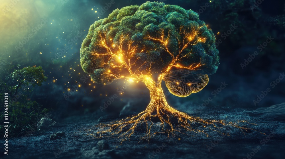 Aufkleber a brain seamlessly shifts into a luminous tree, with radiant branches and roots symbolizing knowledg