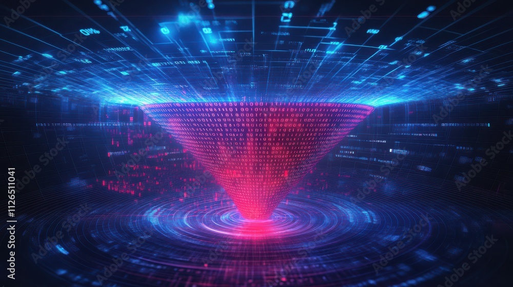 Aufkleber big data technology and information funnel concept. large digital funnel with online data as process