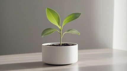 Indoor plant care scene, delicate young sprout with bright green leaves, white minimalist pot, dark fertile soil being added, shallow depth of field, soft ambient lighting, high-resolution botanical