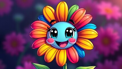 Naklejka premium Groovy Rainbow Daisy 90s Retro Cartoon Illustration