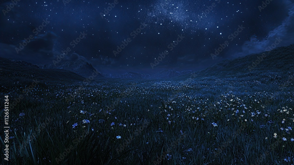 Poster a vast open field under a starry night sky, where faint patterns and constellations form new ideas i
