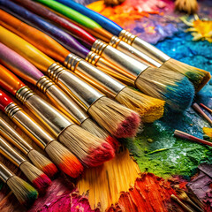 Fototapeta premium Brightly colored paintbrushes are dipped in vivid hues and laid out