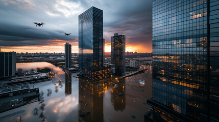 Obraz premium A stunning aerial view of the New Jersey skyline, showcasing modern drones flying in a cloudy sunset sky, streets surrounded by floodwaters