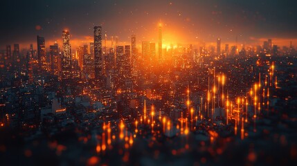 Fototapeta premium Stunning Aerial View of City Skyline at Sunset with Glowing Lights and Warm Colors